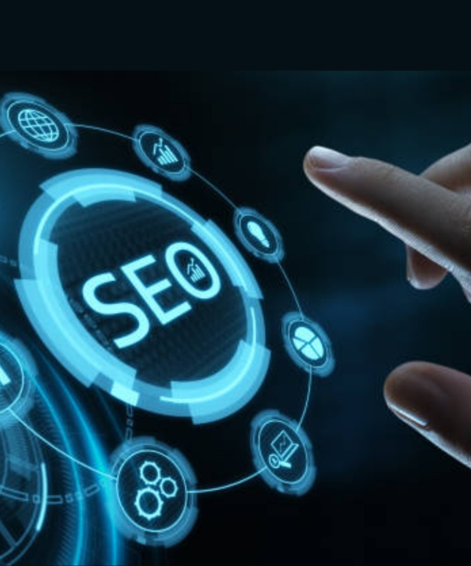Close-up of a hand interacting with a futuristic digital interface displaying SEO elements and icons."